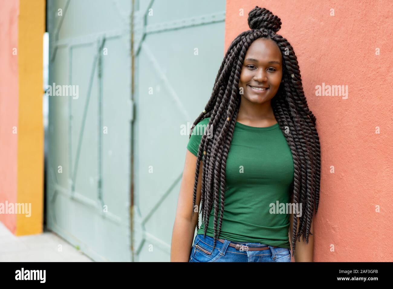 Bella americano africano giovane donna adulta con fantastica pettinatura all'aperto in estate in città Foto Stock