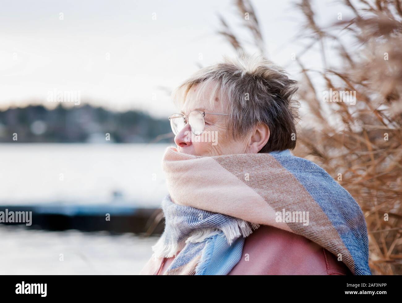 Ritratto di una donna nel suo 60's seduto fuori da solo, pensando Foto Stock