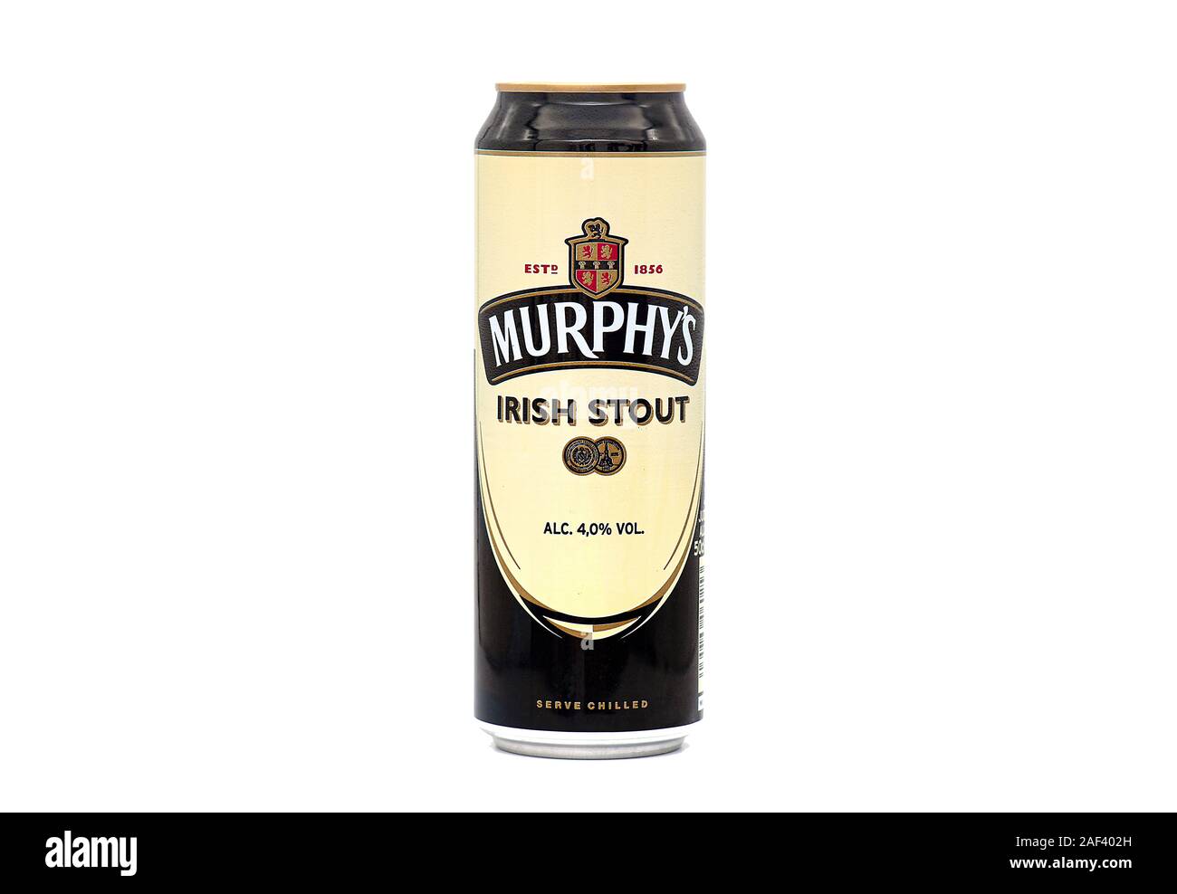 Dublino - dic 11: Murphy's birra può o Irish Stout isolati su sfondo bianco di Dublino del dicembre 11. 2019 in Irlanda Foto Stock