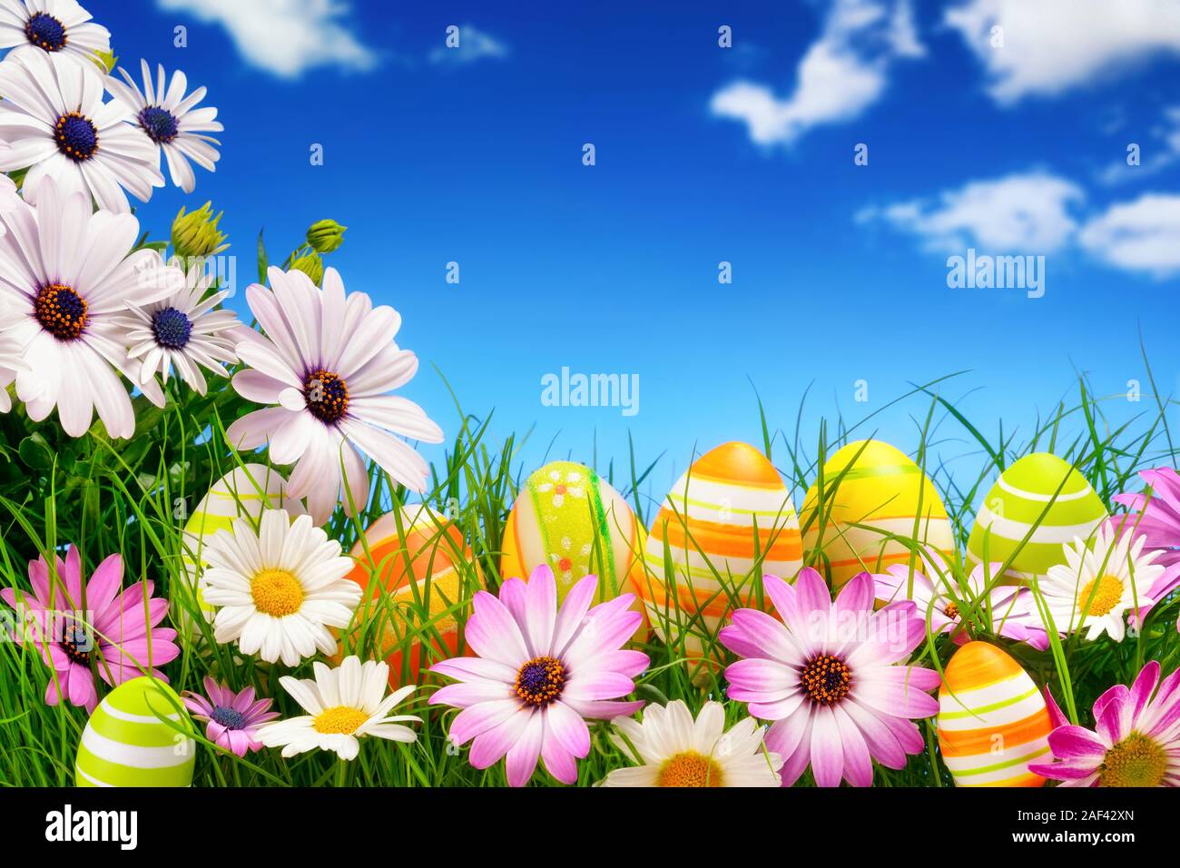 Fiori di Primavera e felice colorate uova di Pasqua con un chiaro e profondo cielo blu in background Foto Stock