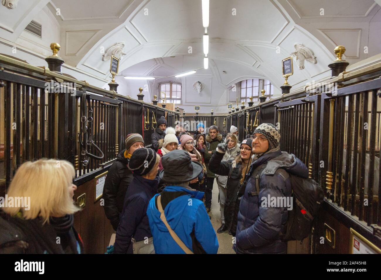 La scuola di equitazione spagnola di Vienna; i turisti in un tour delle scuderie dei cavalli lipizzani,la Scuola di Equitazione Spagnola, Hofburg di Vienna Austria Europa Foto Stock