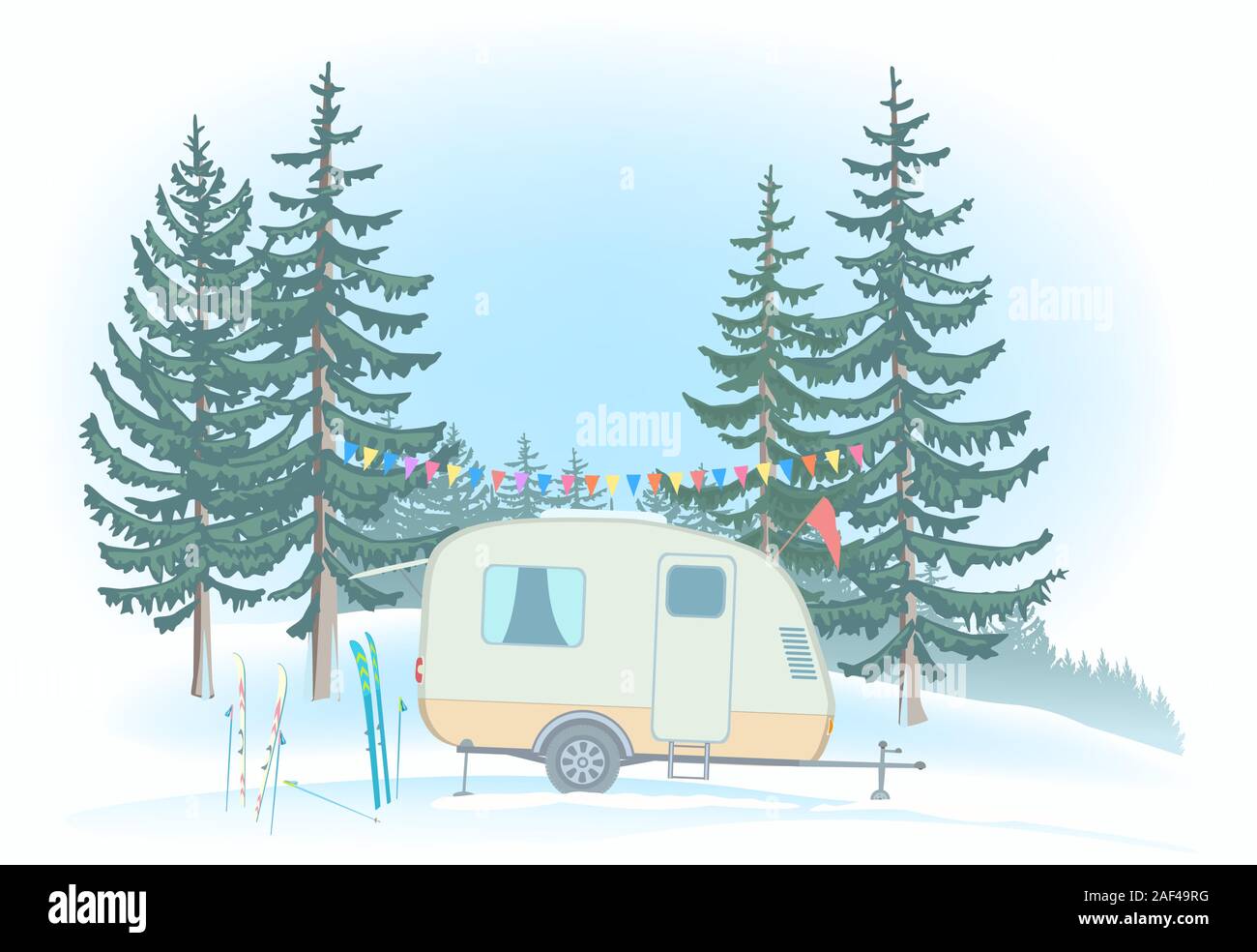 Viaggiare il rimorchio parcheggiato nella radura. Foresta d'inverno. Illustrazione Vettoriale