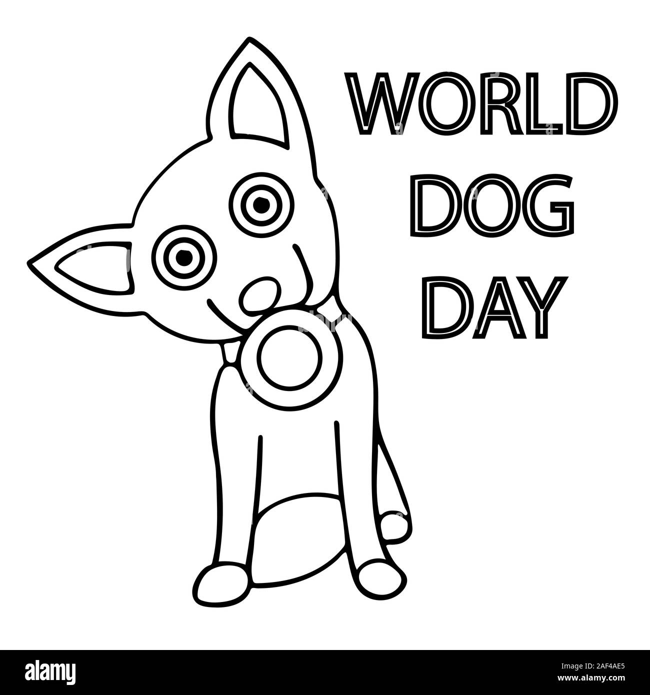 Cane con una ciotola o frisbee nella sua bocca. Mondo Cane giorno. isolato stock outline illustrazione vettoriale Illustrazione Vettoriale