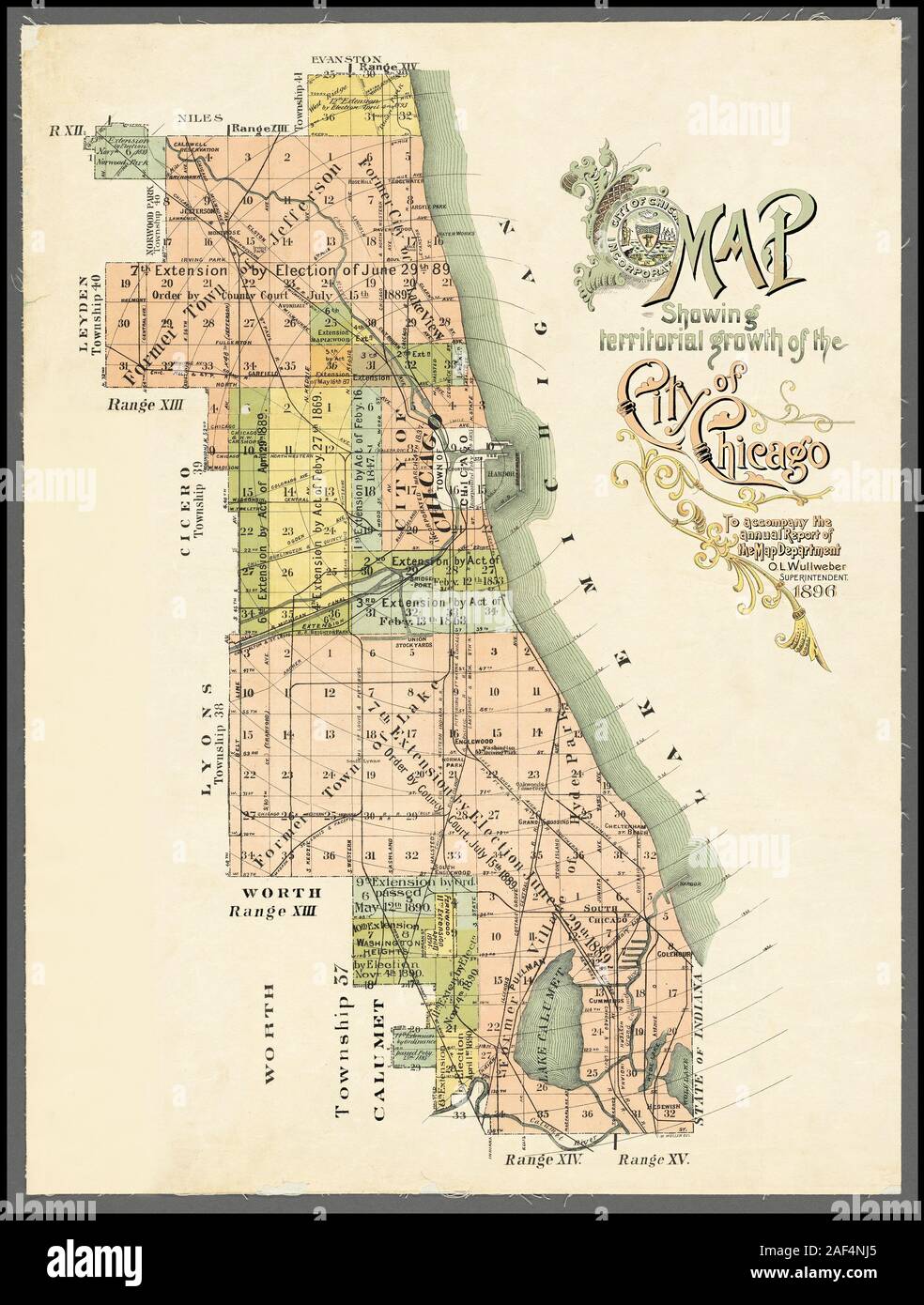 Mappa che mostra la crescita territoriale della città di Chicago data 1896 Foto Stock