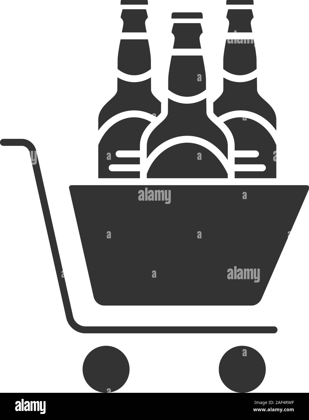 Carrello della spesa con le bottiglie di birra icona glyph. Simbolo di Silhouette. Acquisto di alcol. Lo spazio negativo. Vettore illustrazione isolato Illustrazione Vettoriale