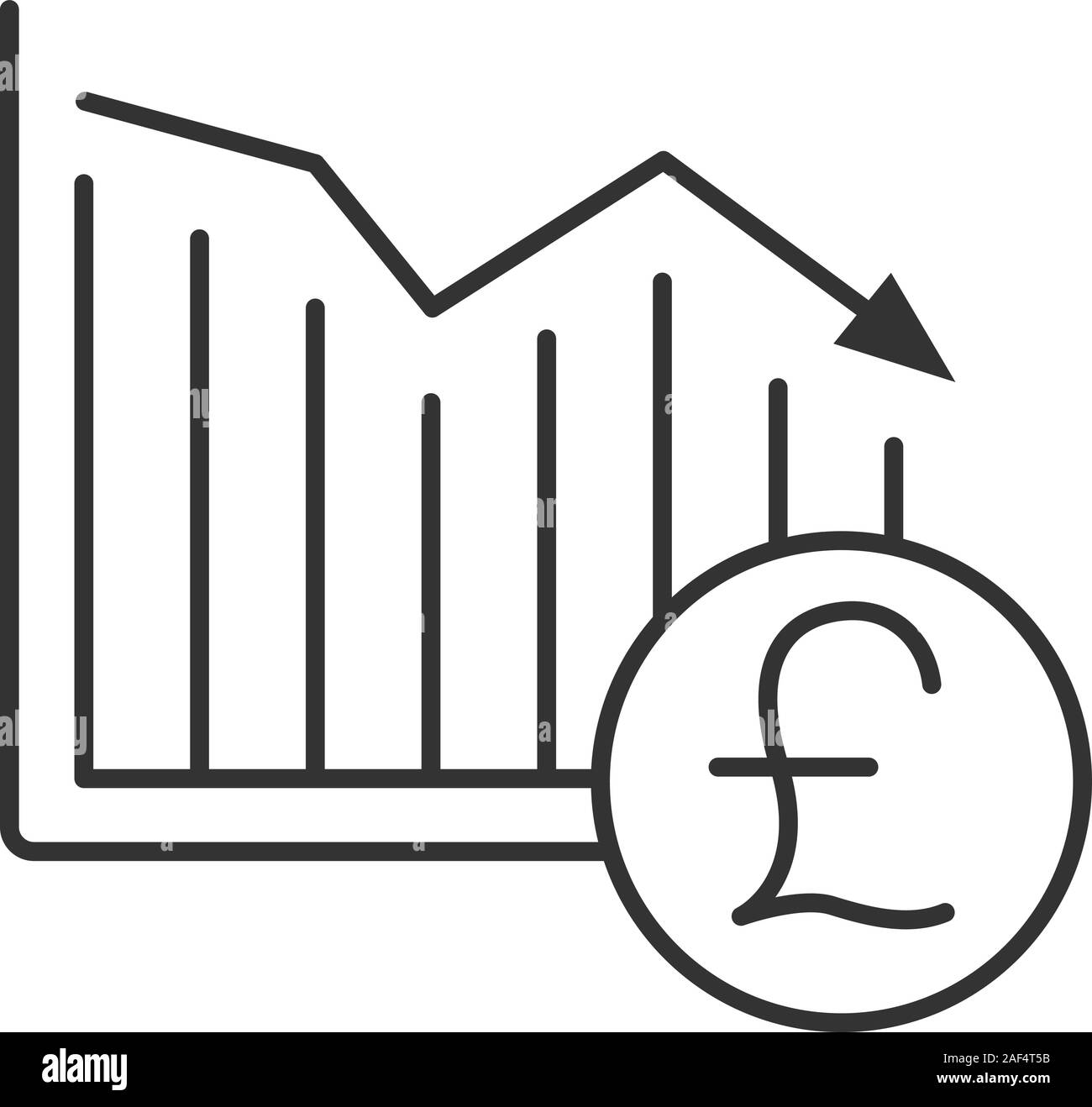 Sterlina britannica caduta icona lineare. Schema delle statistiche con segno di gbp. Linea sottile illustrazione. Crollo finanziario. Simbolo di contorno. Vettore outli isolato Illustrazione Vettoriale