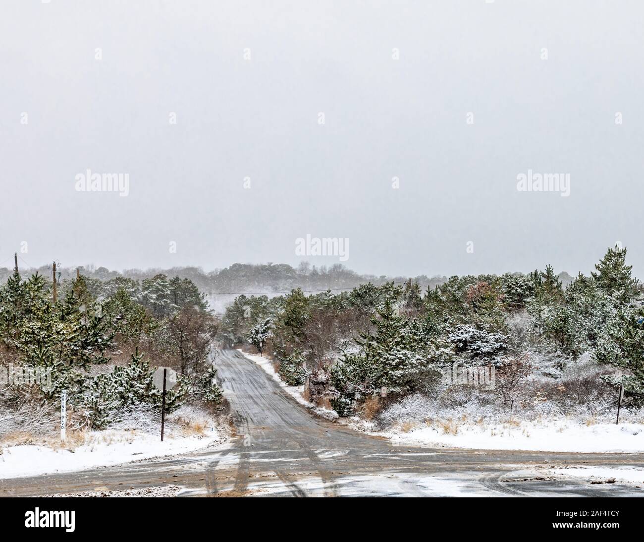 Strada tranquilla su una giornata invernale e in Amagansett, NY Foto Stock