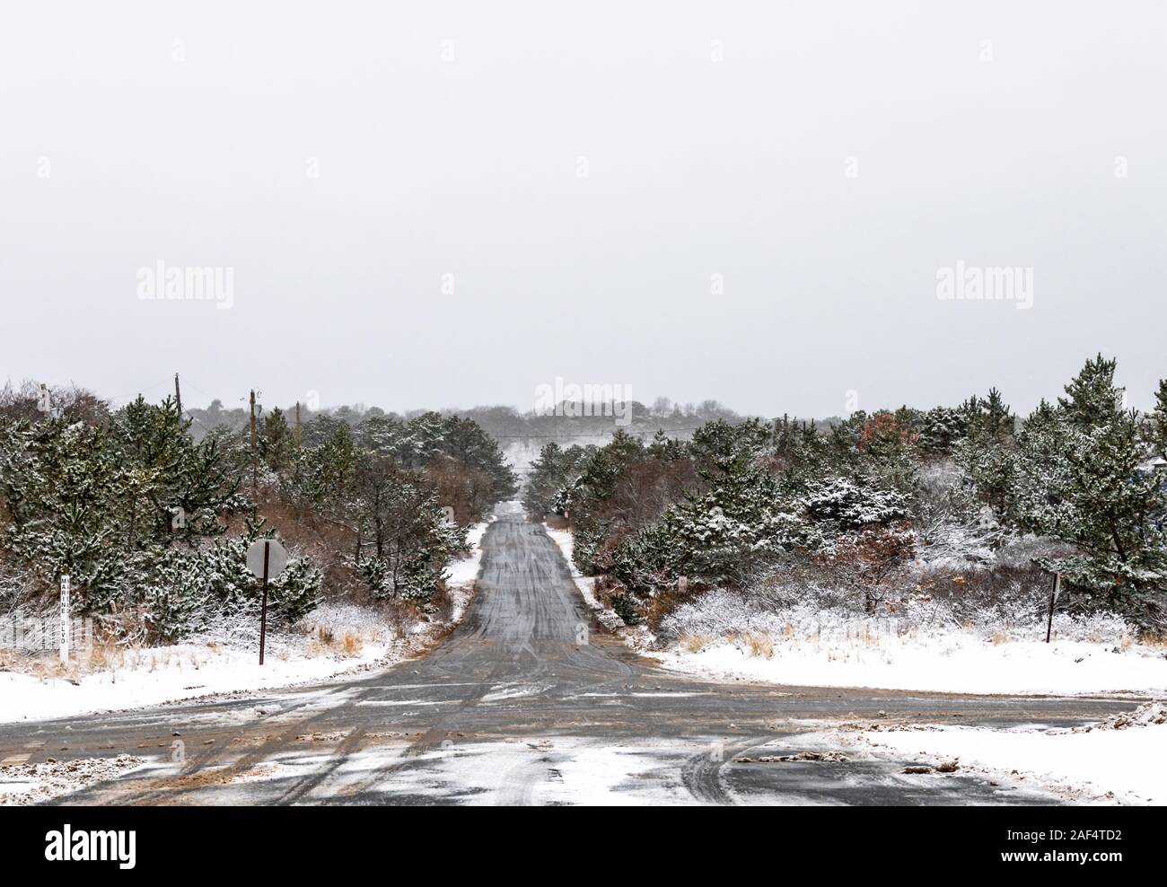 Strada tranquilla su una giornata invernale e in Amagansett, NY Foto Stock