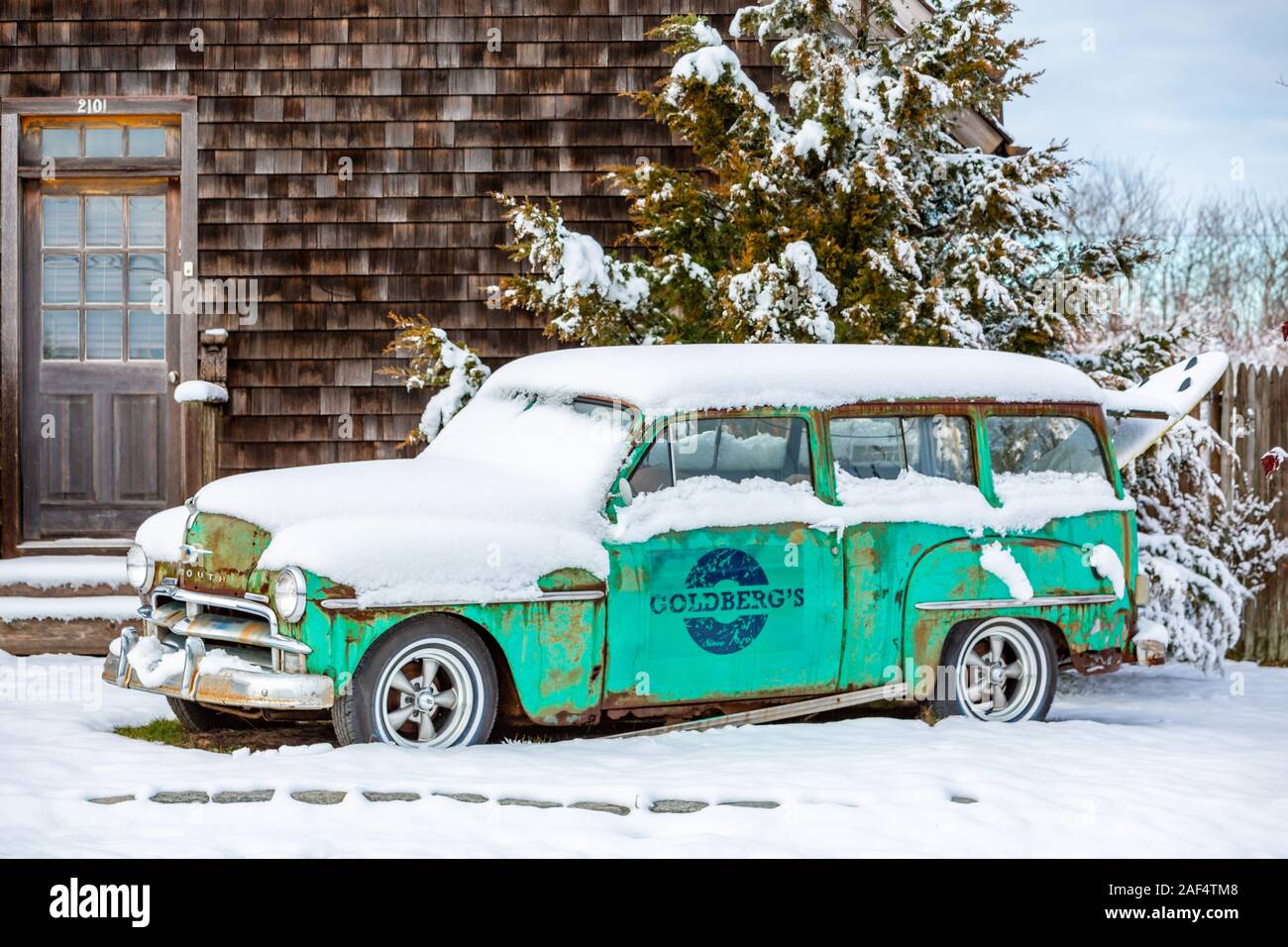 Vecchia Stazione 19502 carro utilizzato per la pubblicità Goldberg in Amagansett, NY Foto Stock