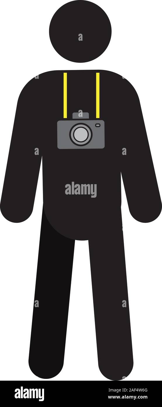 Uomo con fotocamera icona di silhouette. Tourist, viaggiatore. Fotografo. Isolato illustrazione vettoriale Illustrazione Vettoriale
