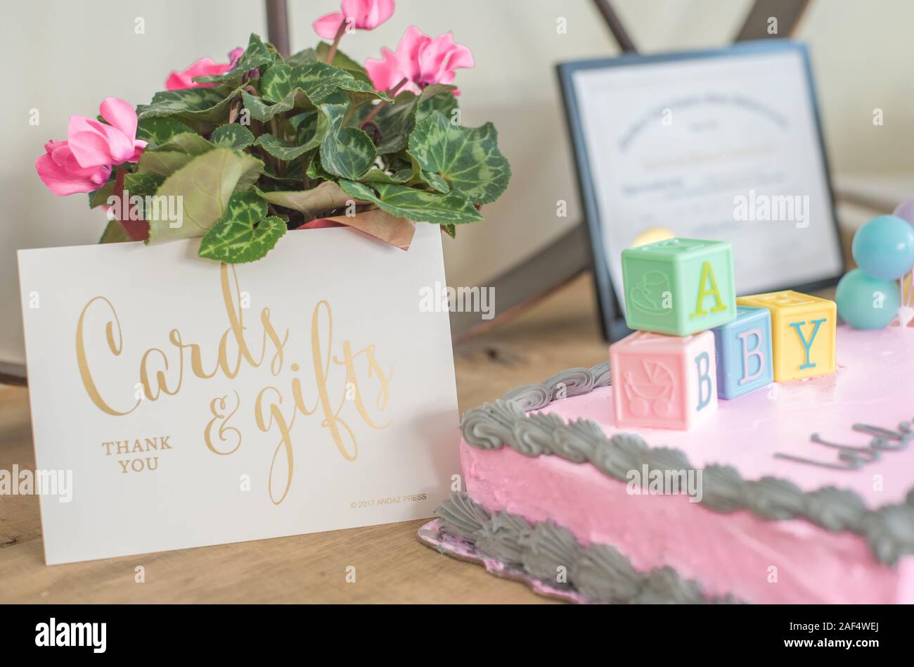 Shabby Chic rosa e oro baby shower decorazioni e tabella Foto Stock