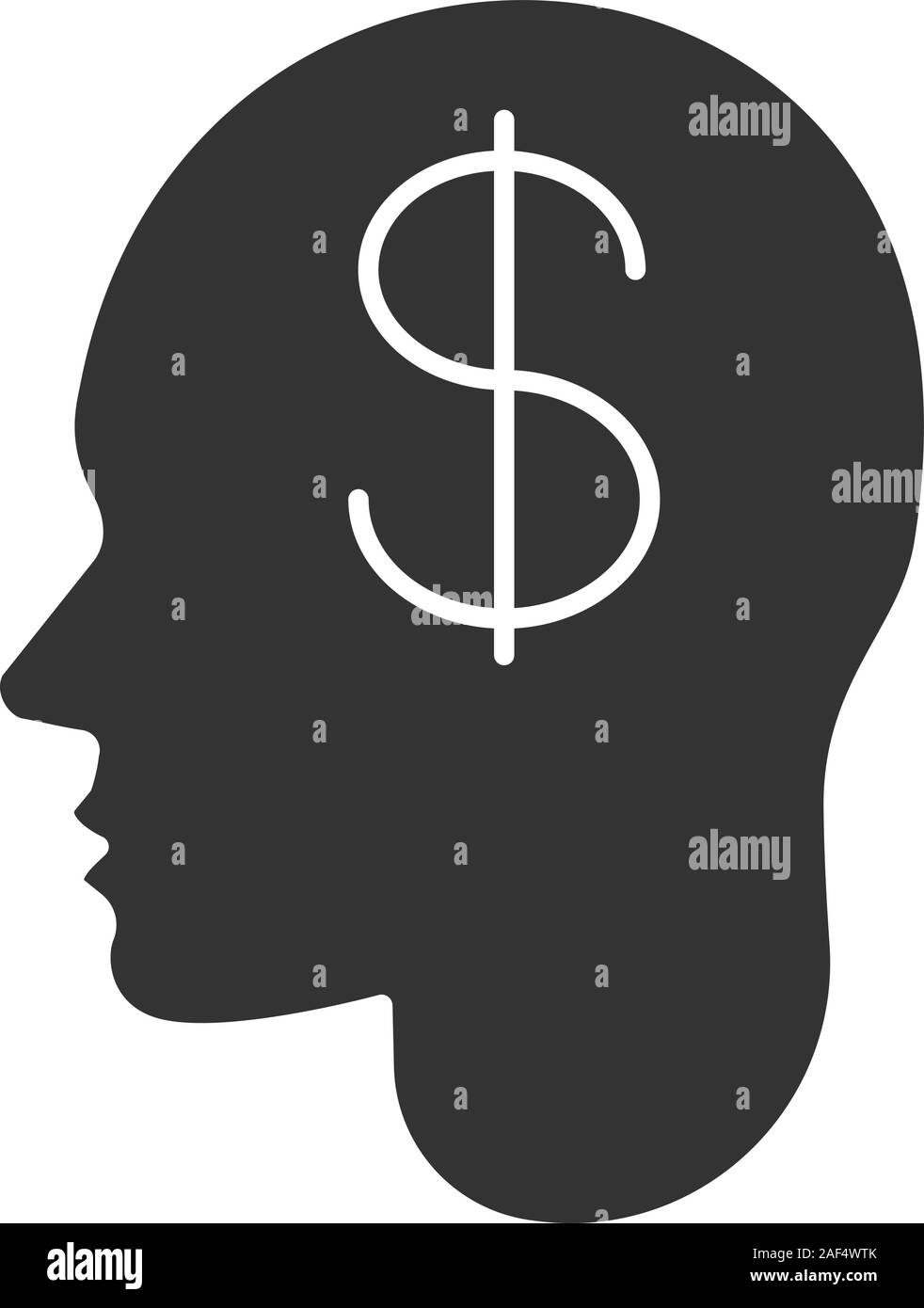 Testa umana con il simbolo del dollaro all'interno del glifo icona. Idea di business. Simbolo di Silhouette. I soldi sul conto. Lo spazio negativo. Vettore illustrazione isolato Illustrazione Vettoriale