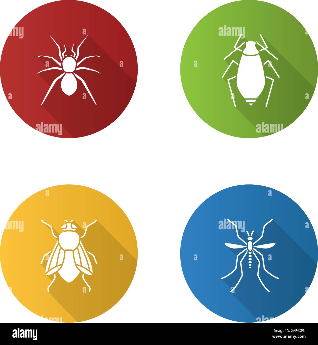 Insetti design piatto lungo ombra glifo set di icone. Spider, afidi, housefly, zanzariera. Vettore illustrazione silhouette Illustrazione Vettoriale
