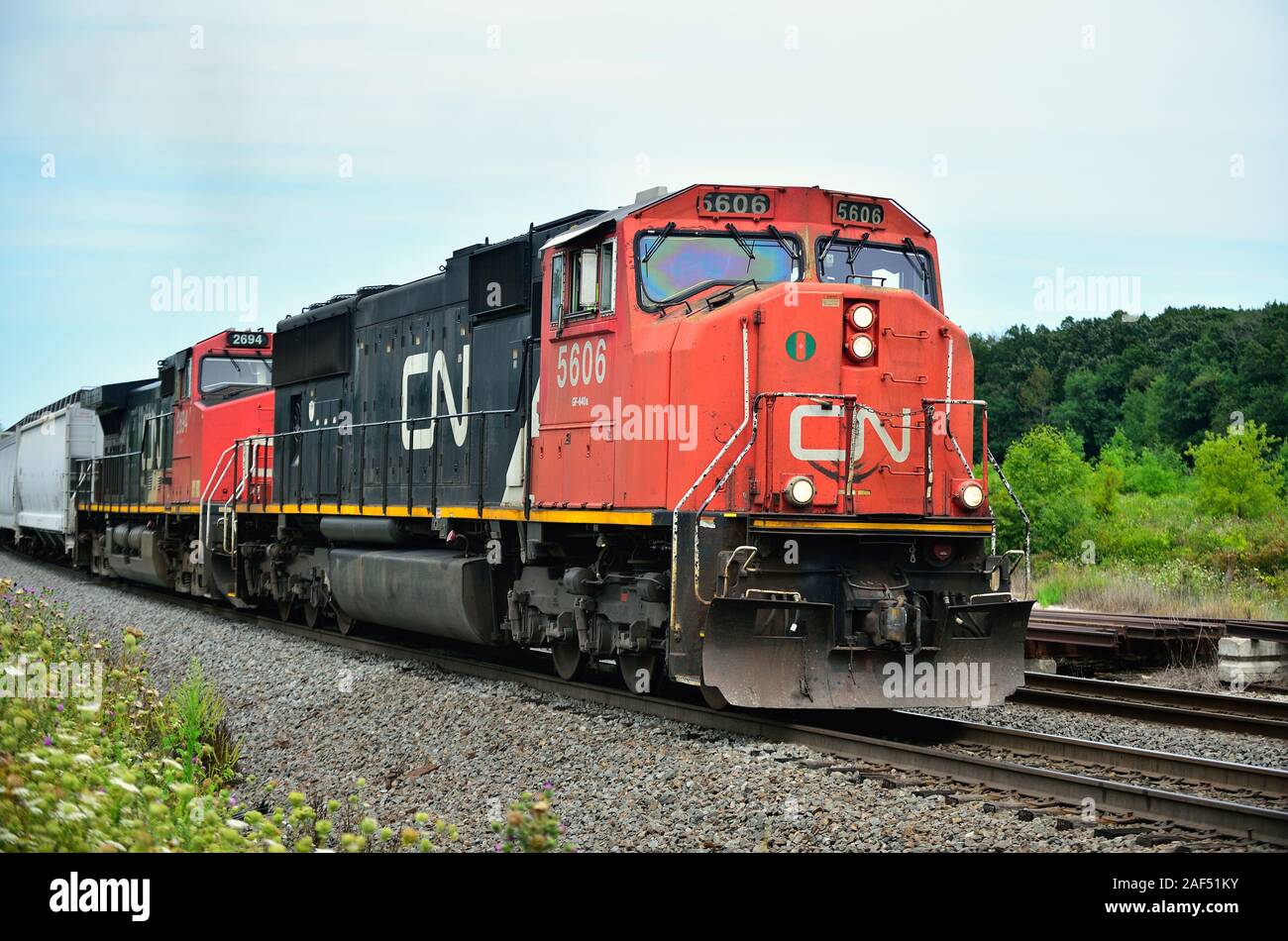 Byron, Wisconsin, Stati Uniti d'America. Coppia di Canadian National locomotive diesel condurre un treno merci fino a Grado su Byron Hill nel centro di Wisconsin. Foto Stock