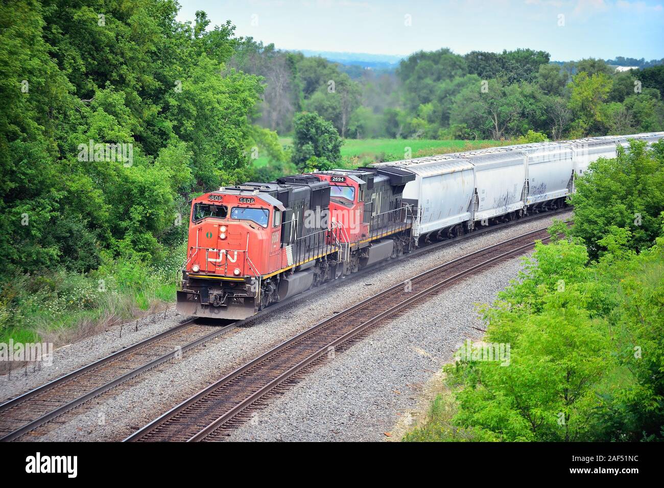 Byron, Wisconsin, Stati Uniti d'America. Coppia di Canadian National locomotive diesel condurre un treno merci fino a Grado su Byron Hill nel centro di Wisconsin. Foto Stock