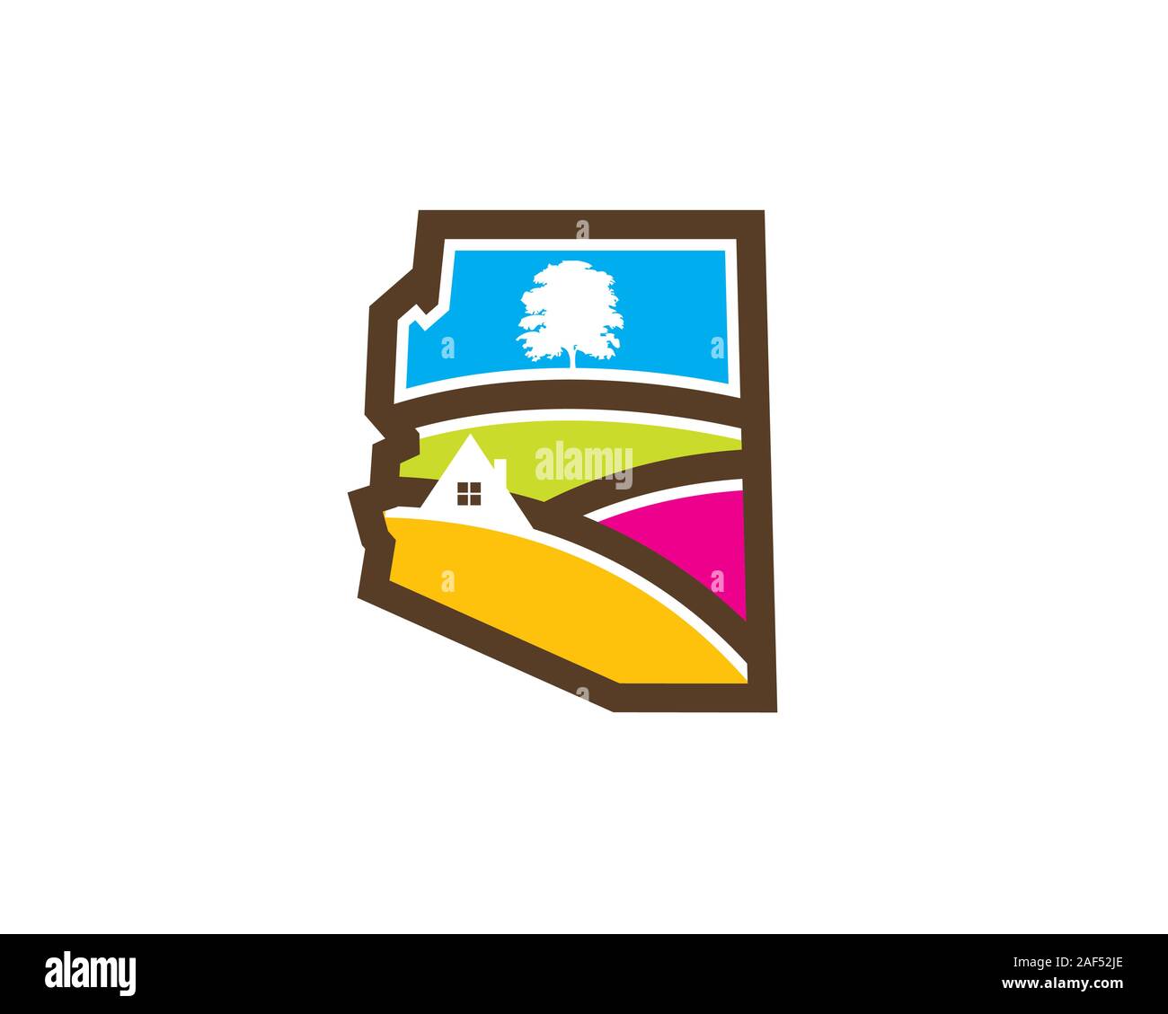 Mappa arizona con valle hill tree house paesaggio immobiliare di logo Illustrazione Vettoriale