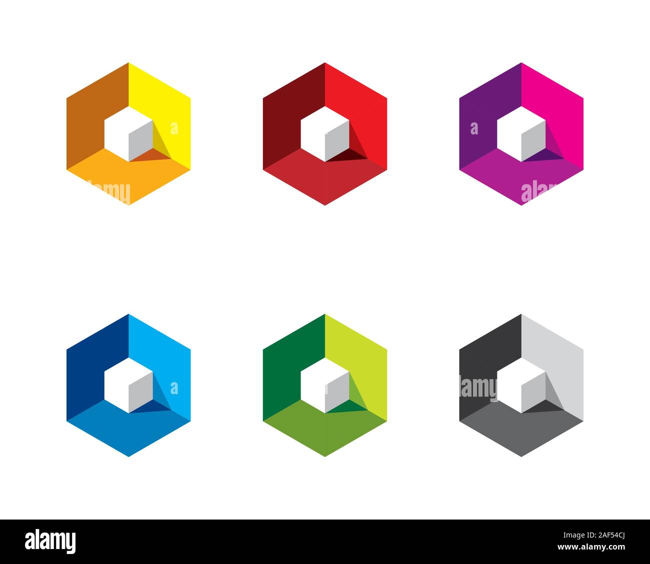 White 3D 3 cubo tridimensionale all'interno colorato scatola esagonale con luce e ombra Illustrazione Vettoriale