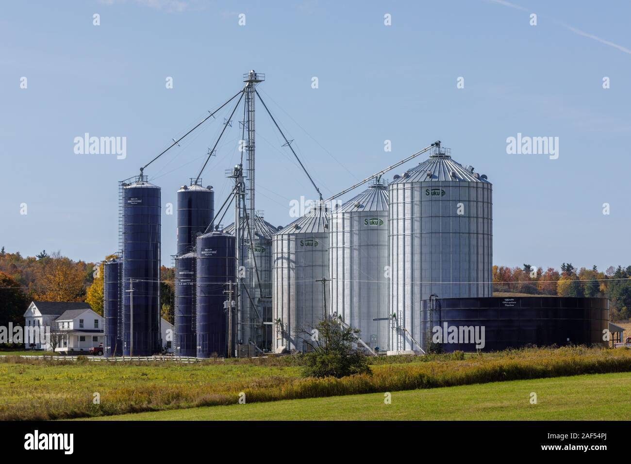 Silos e asciugatrici di grano in una fattoria in Springfield, Otsego County, nello Stato di New York. Foto Stock