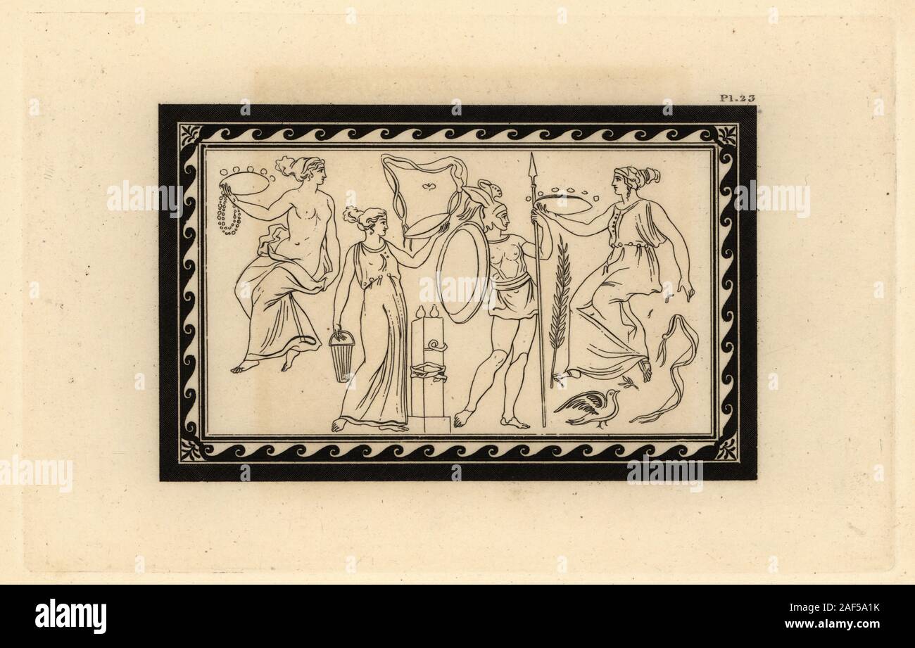 Una festa di Venere, significata dalla colomba e il mirto e pearl marsupio indossato dalla dea e le sue sacerdotesse. L'ananas sulla colonna indica il Bacchus, e il boetilus o pietra oracolare denota Venere. La figura in armatura, Marte. Incisione su rame di Thomas Kirk (1765-1797) da Sir William Hamilton della delinea dalle Figure e composizioni alla greca e romana e vasi etruschi del compianto Sir Hamilton, T. M'magra, Londra, 1834. Foto Stock