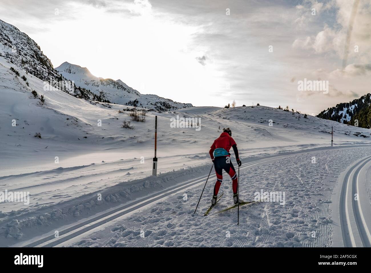 Sci di fondo - uomo da dietro lo sci di fondo su una giornata invernale Foto Stock