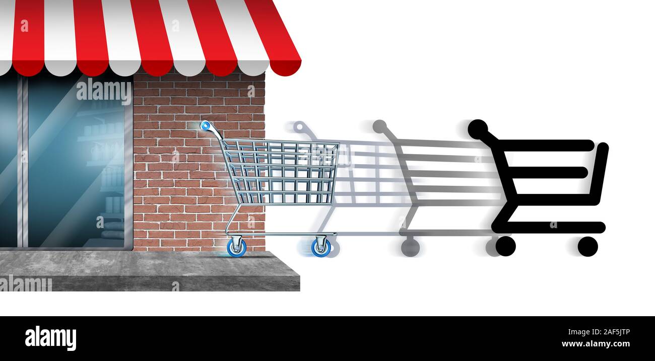 Mattoni e malta negozio offline per il commercio in linea di shopping o di commercio su internet il cambiamento e la transizione verso l'acquisto di acquisti sul web per rendere. Foto Stock