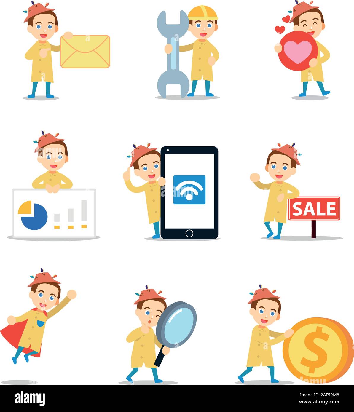 Un uomo che lavora la gestione della pesca, set di caratteri con gettoni, Busta, amore, mobile. Illustrazione Vettoriale