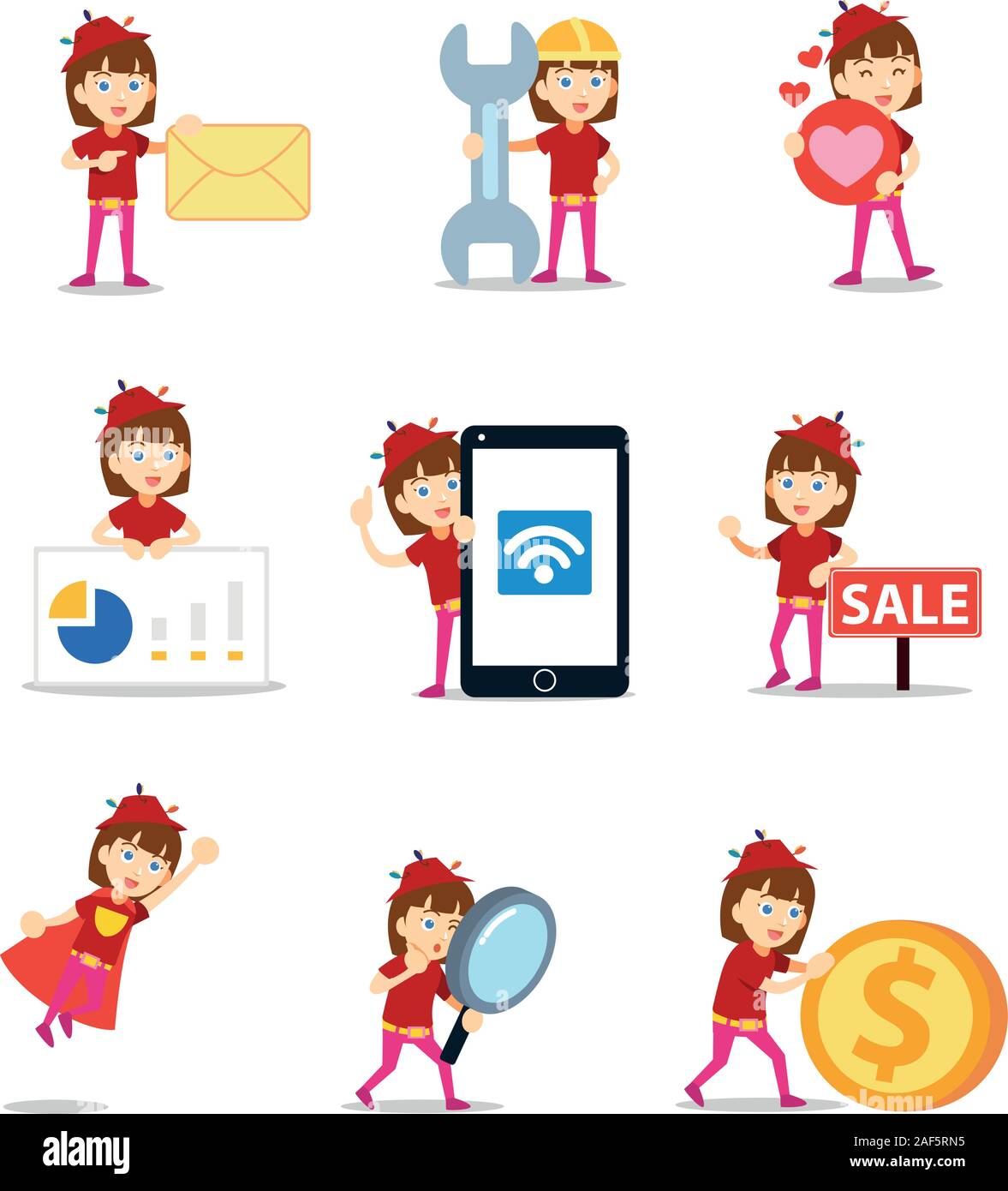 Una donna che lavorano la pesca, set di caratteri con gettoni, Busta, amore, mobile. Illustrazione Vettoriale