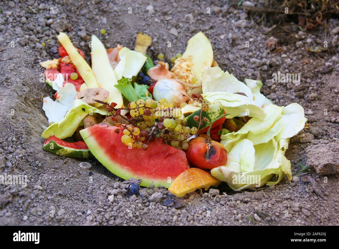 Rifiuti domestici per compost da frutta e verdura in giardino. Foto Stock