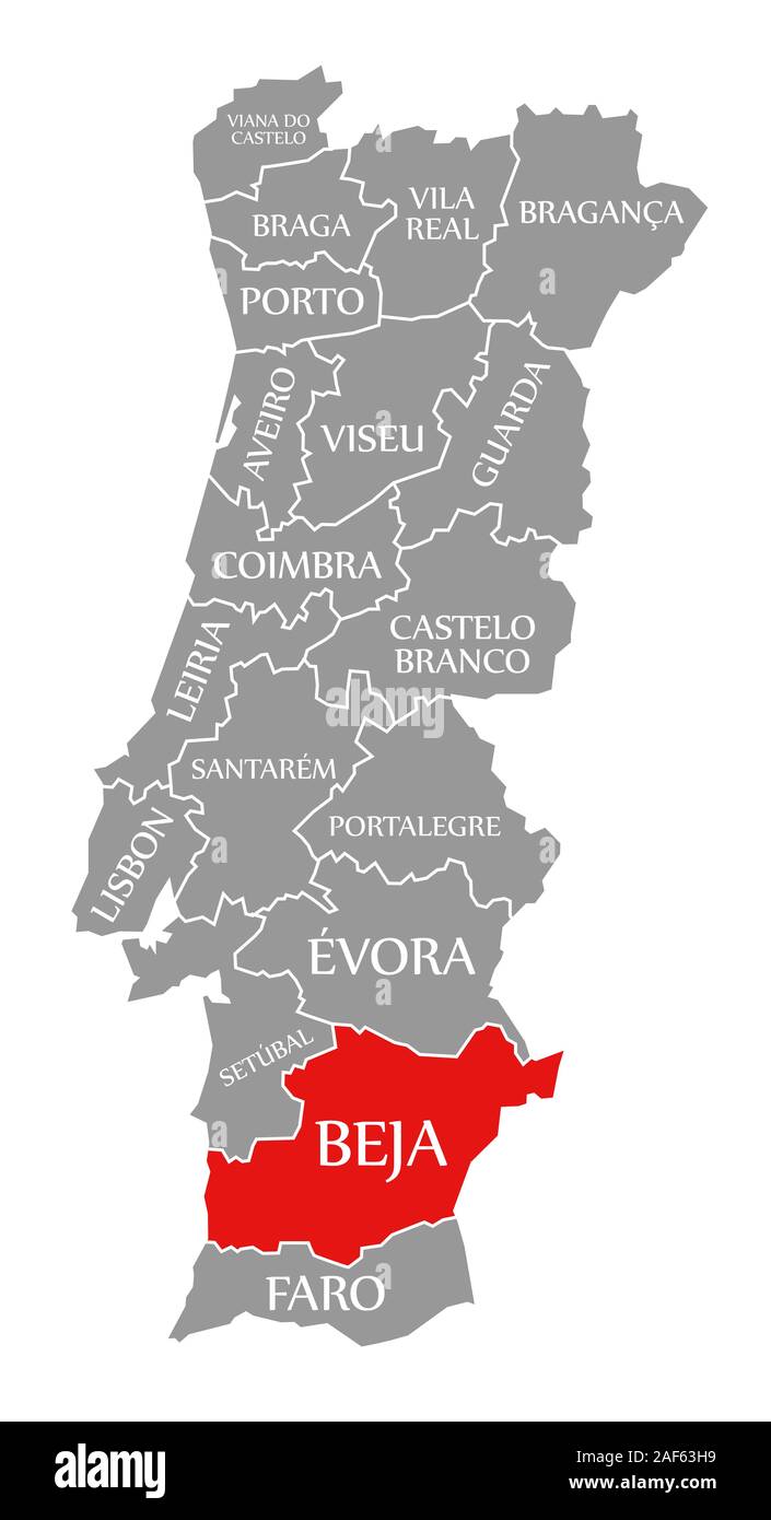 Beja evidenziata in rosso nella mappa del Portogallo Foto Stock