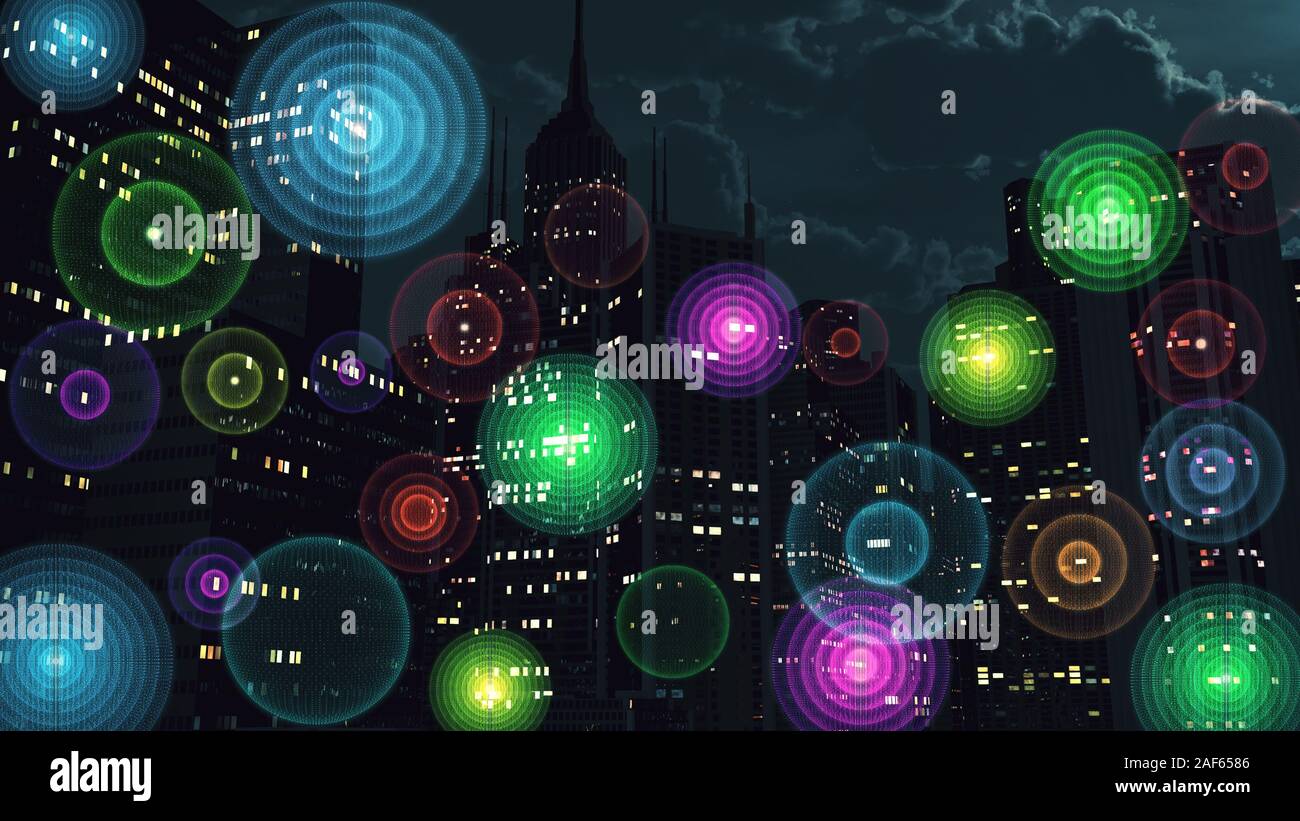 Segnale colorato Reti Wireless nella città di notte Foto Stock