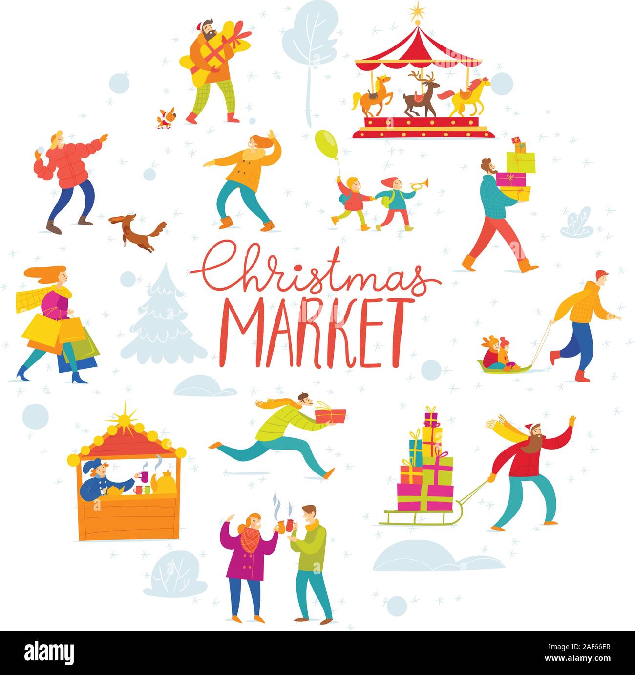 Vettore inverno Natale design per mercato di vacanza con lo shopping e le persone attive in un cerchio. Illustrazione Vettoriale