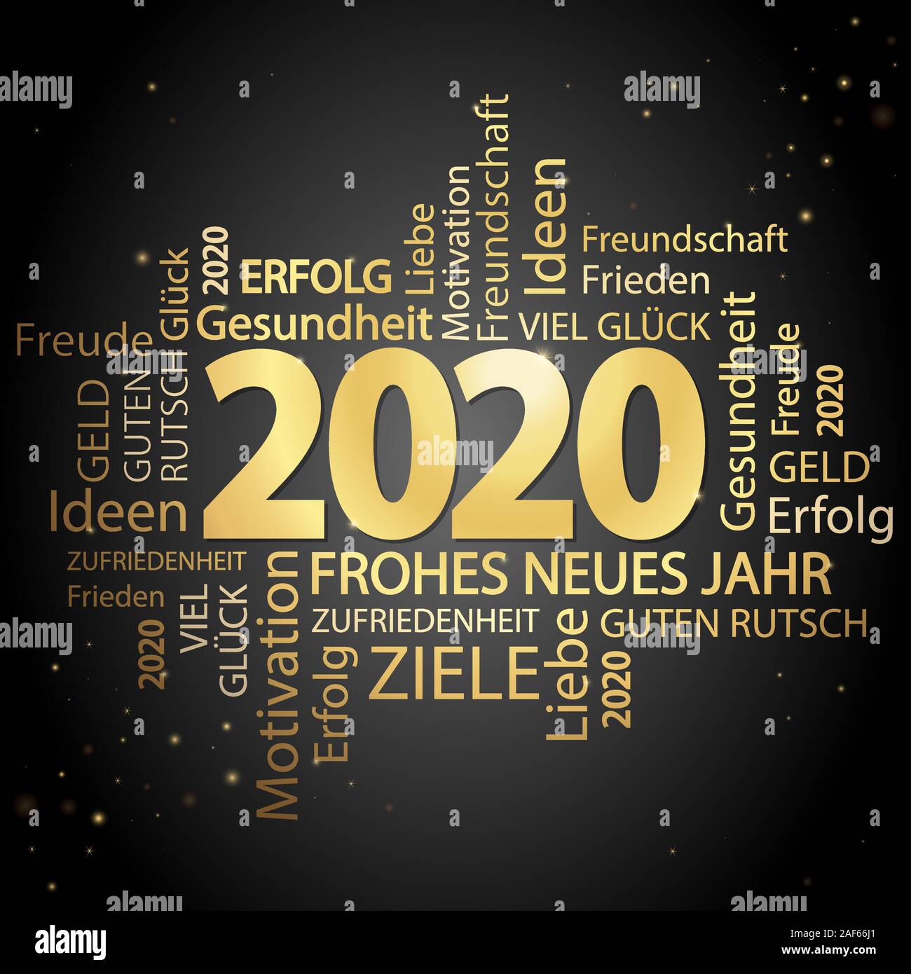 Nuvola di parole con il nuovo anno 2020 saluti colorato e oro su sfondo nero Illustrazione Vettoriale