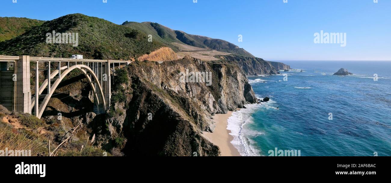 Bixby Creek Bridge, Bixby Ponte, Ponte di arco sulla California State Route 1, Highway 1, Pacific strada costiera, CALIFORNIA, STATI UNITI D'AMERICA Foto Stock