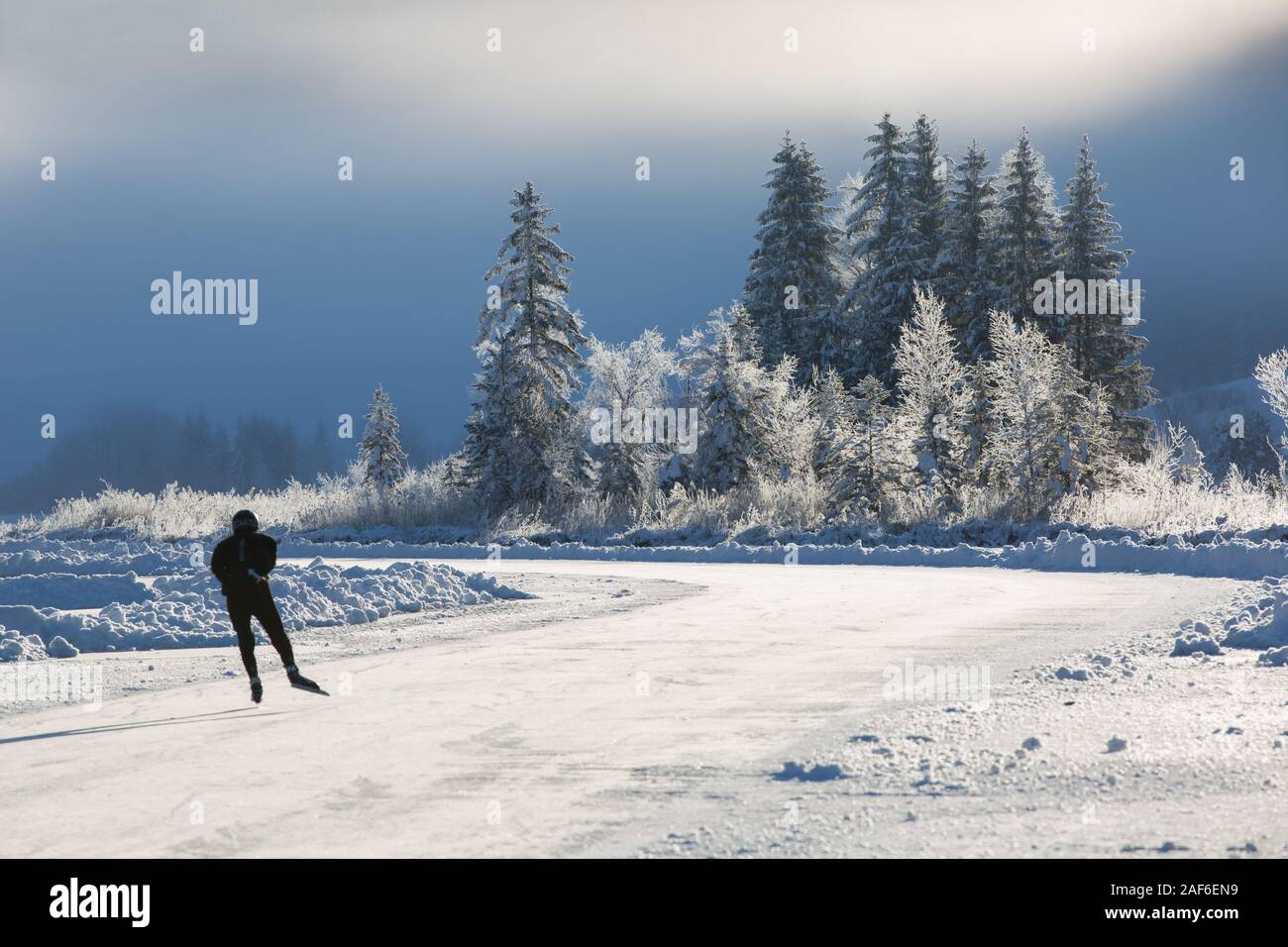 Il freddo inverno pieno di sole di mattina. Un gruppo di alberi di surgelati e un Pattinatore su ghiaccio pattinare su un lago ghiacciato di sunrise, il lago Weissensee in Carinzia, Austria, Alpi, Austria Foto Stock