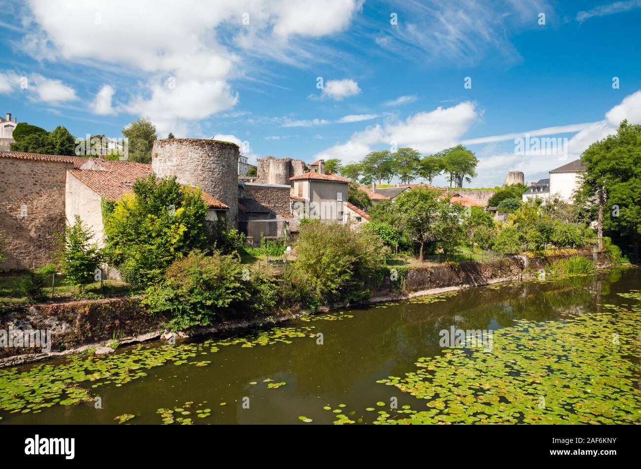 Thouet riverbank nella città medievale di Parthenay, Deux-Sevres (79), Nouvelle-Aquitaine, Francia Foto Stock