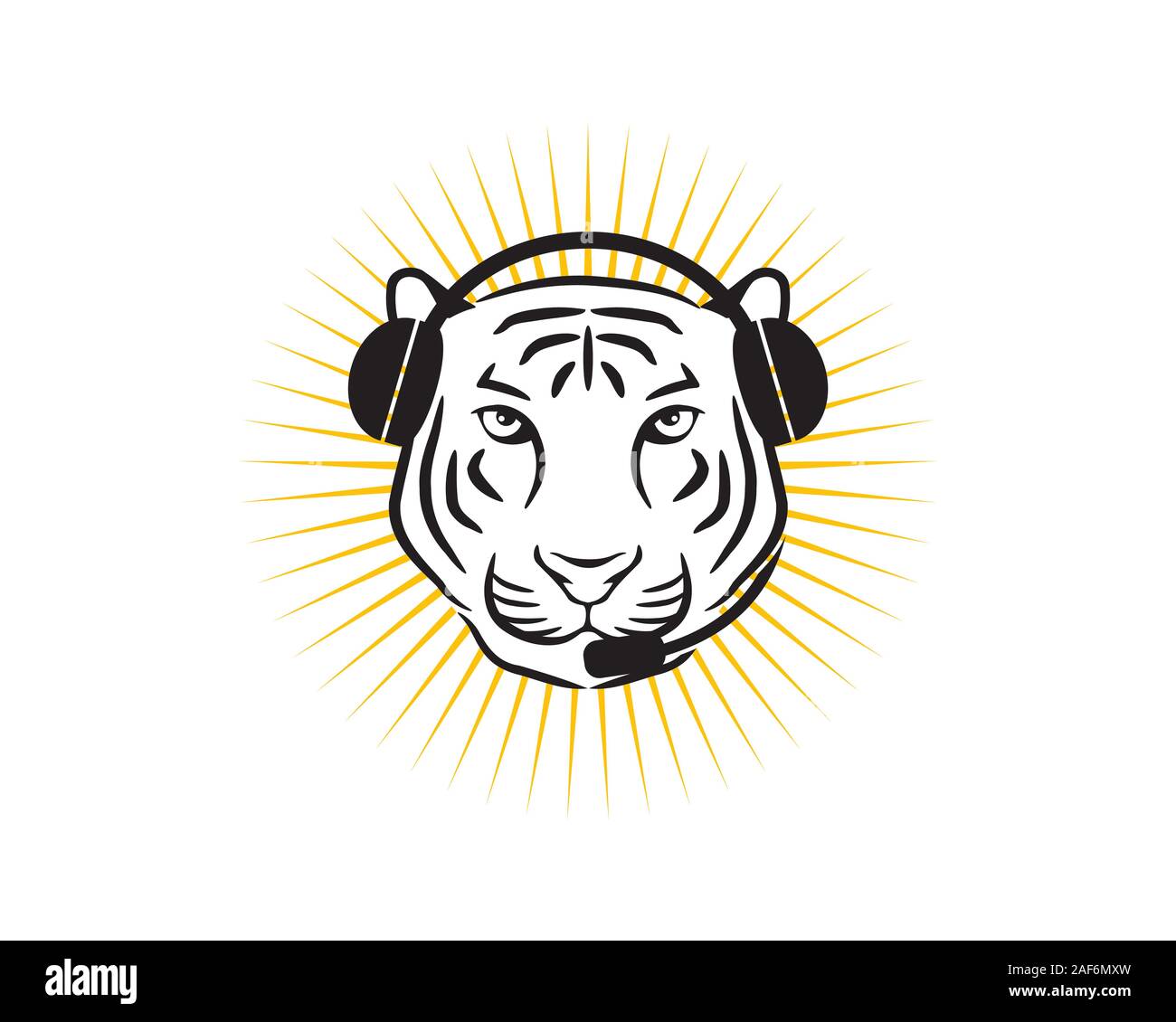 Tiger testa con le cuffie sulle orecchie e mic nella sua bocca raggi del sole dietro di lui come un'operatore del servizio clienti Illustrazione Vettoriale