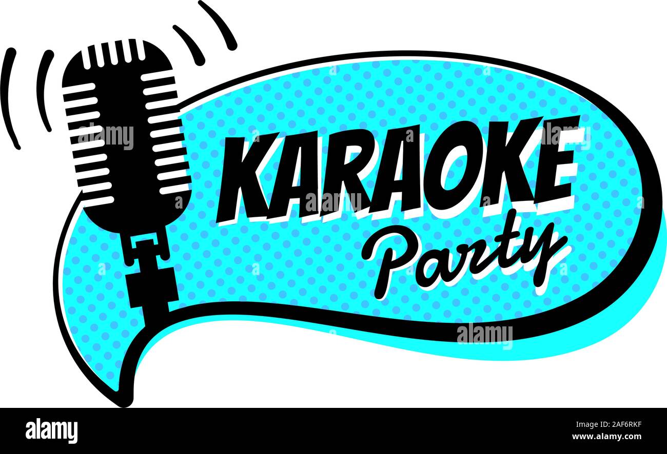 Karaoke Night party script sul fumetto discorso bolla emblema. Fase retro vintage microfono illustrazione vettoriale di intrattenimento modello symbol Illustrazione Vettoriale