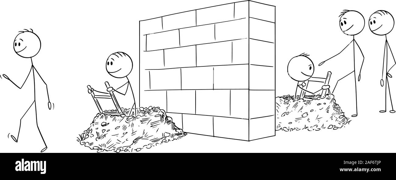 Vector cartoon stick figura disegno illustrazione concettuale di un gruppo di uomini,imprenditori o degli immigrati clandestini che scava tunnel sotto la parete o un ostacolo sul bordo o sulla strada verso il successo. Illustrazione Vettoriale