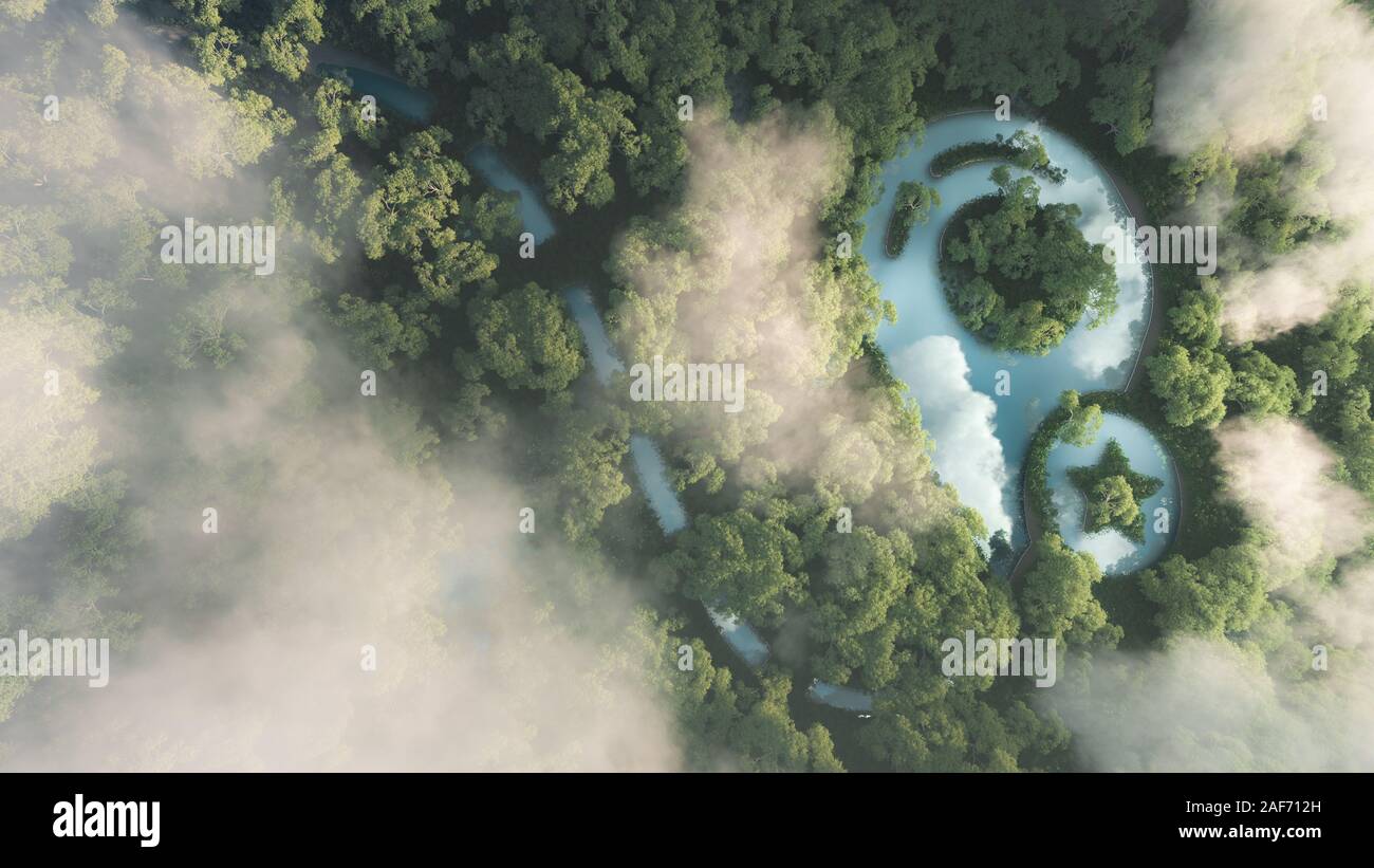 Eco concetto di viaggio. 3D rendering di nebbia densa foresta pluviale amazzonica con punto mappa sign in una forma di stagno. Foto Stock