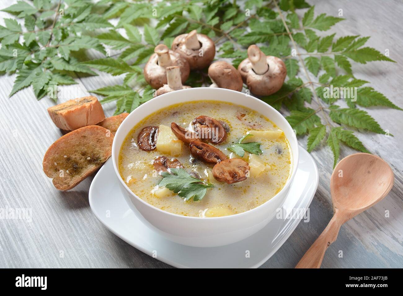 Deliziosa Zuppa Cremosa Con Funghi Champignon E Patate Cibo Vegano Foto Stock Alamy