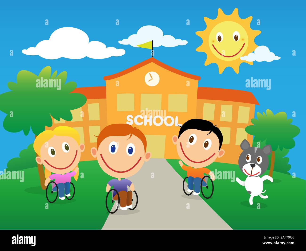 Portatori di handicap bambini felici in carrozzella tornare a scuola in una giornata di sole. Vettore illustrazione del fumetto. Illustrazione Vettoriale