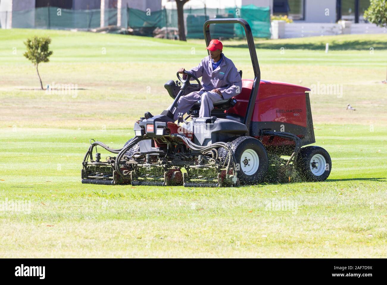 Fairway e turf maintence su un campo di golf con un toro Reelmaster 5610 tosaerba. Lavoratore il taglio dell'erba . Foto Stock