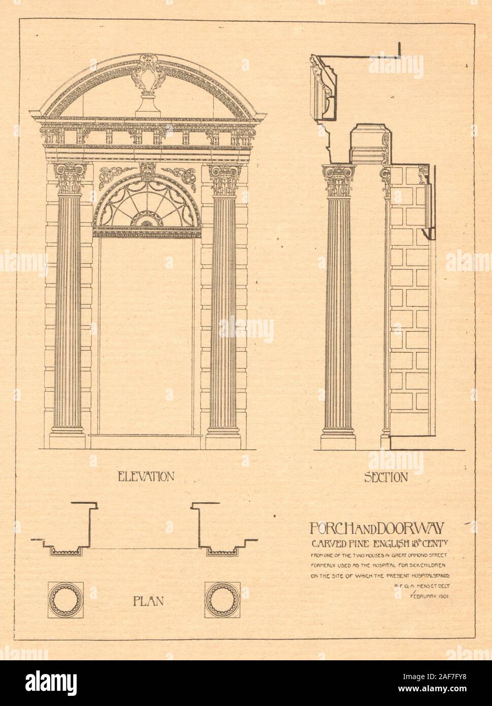 Portico & porta dall'originale Great Ormond Street ospedale per bambini 1901 Foto Stock