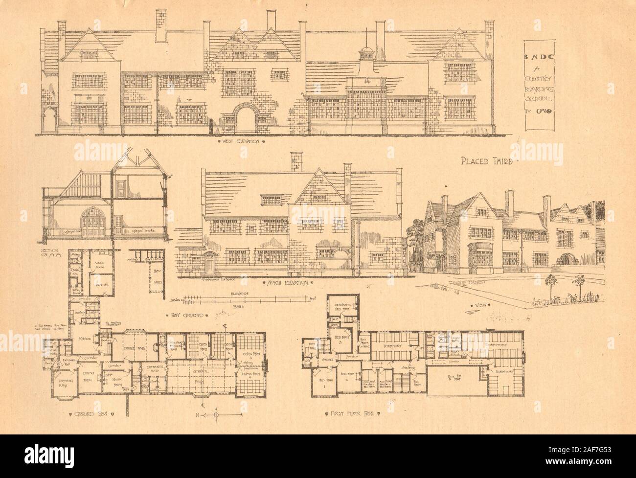 Un paese Boarding School dall'Onu. Elevazioni, Terra & Primo piano piano 1901 Foto Stock