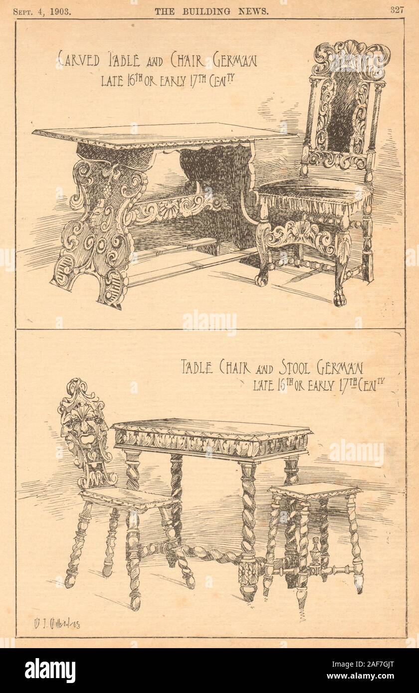Mobili in tedesco. Tabella intagliato Sedia sgabello tardo XVI inizio XVII secolo 1903 Foto Stock