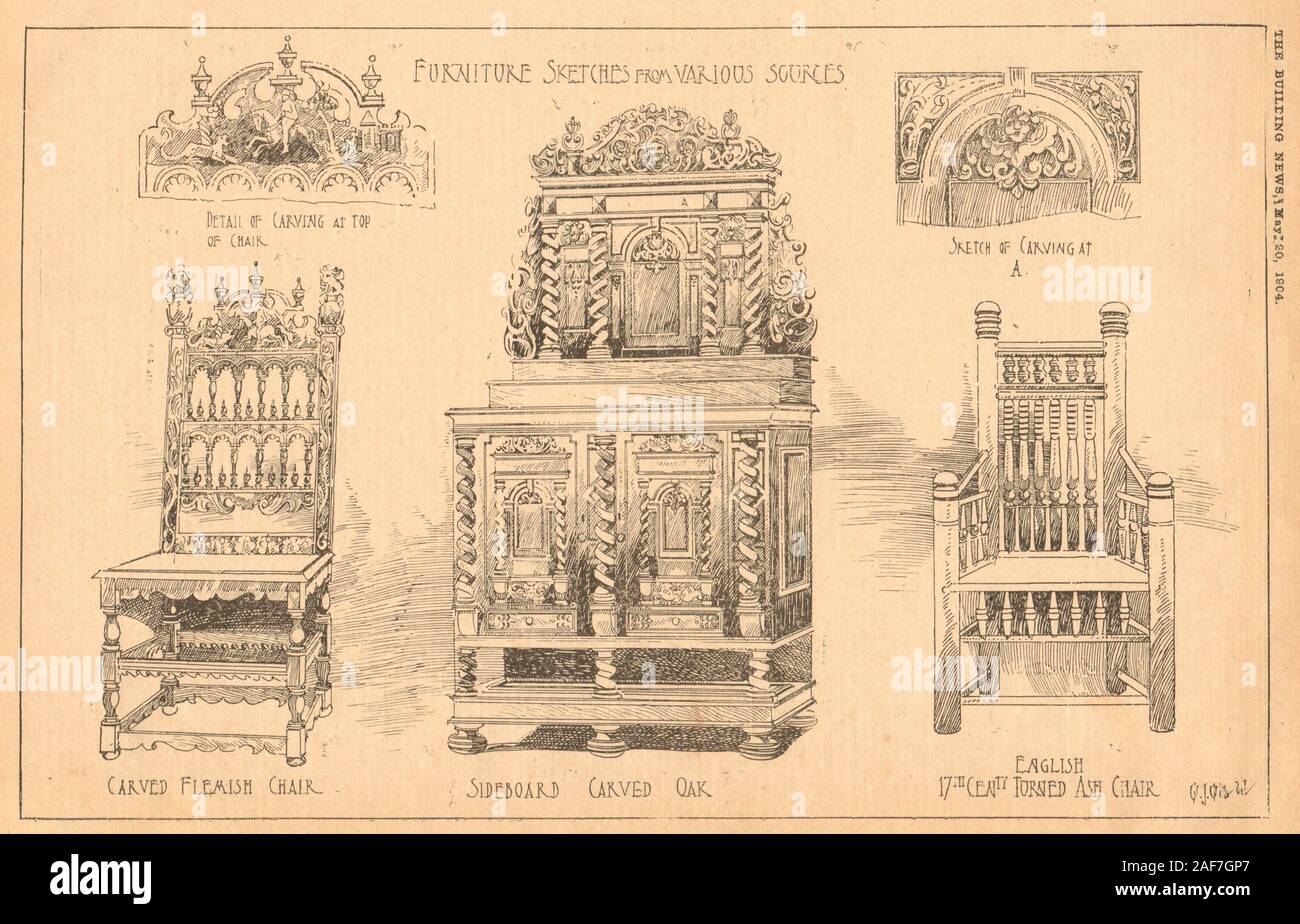 Mobili. Intagliato sedia fiamminga credenza in legno di quercia intagliato inglese 17c rivolto ceneri 1904 Foto Stock