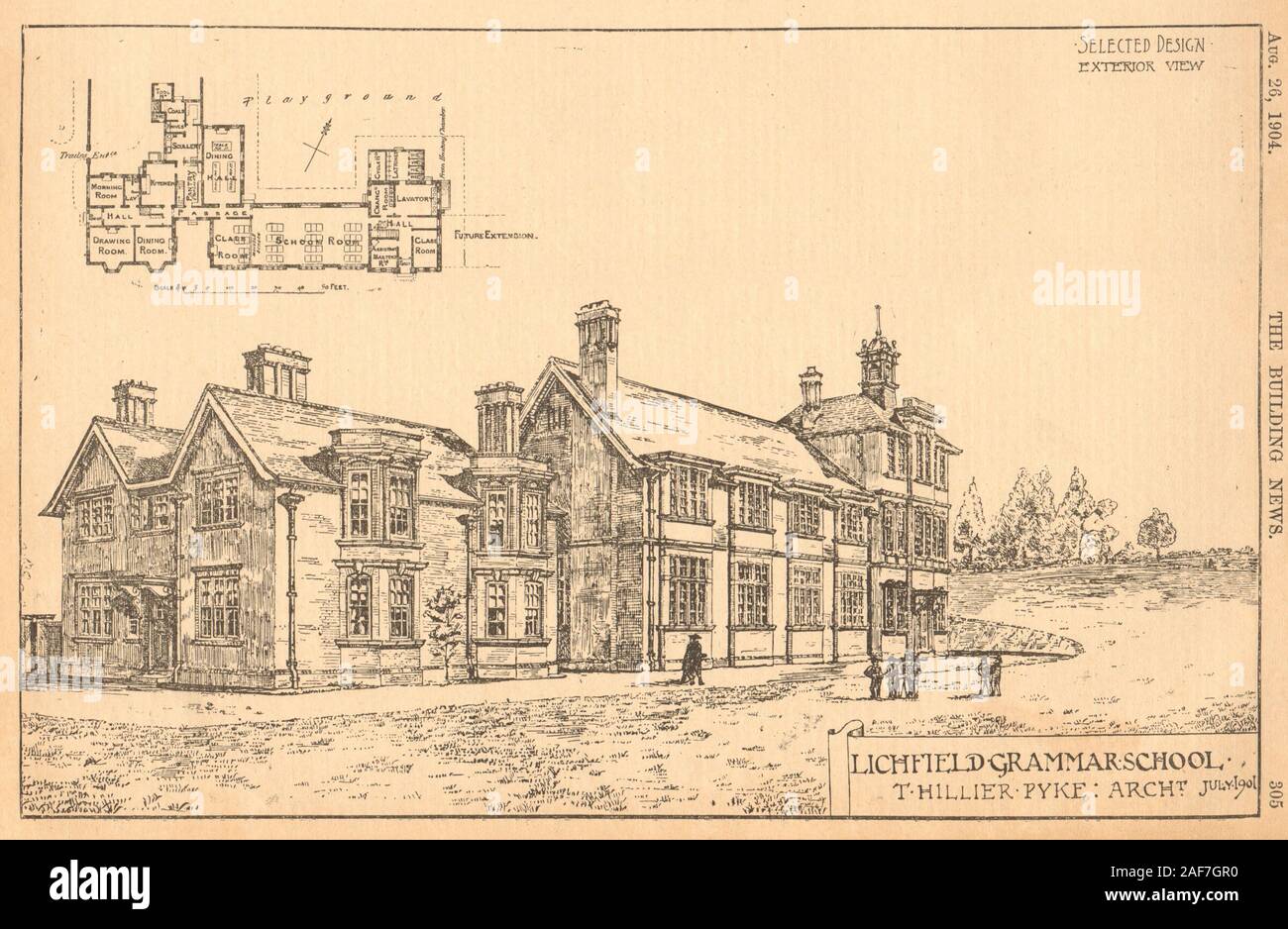Lichfield Grammar School, T Hillier Pyke architetto Visualizza piano. Staffordshire 1904 Foto Stock