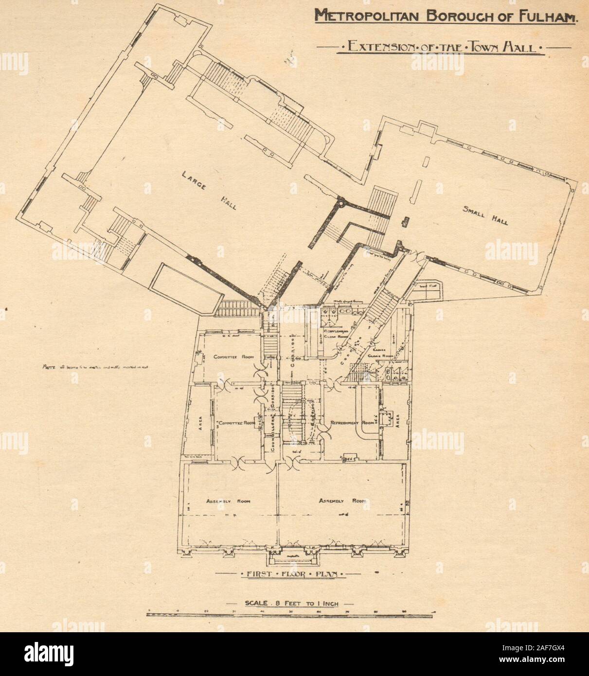 Metropolitan Borough di Fulham, estensione del Municipio. Primo piano piano 1904 Foto Stock