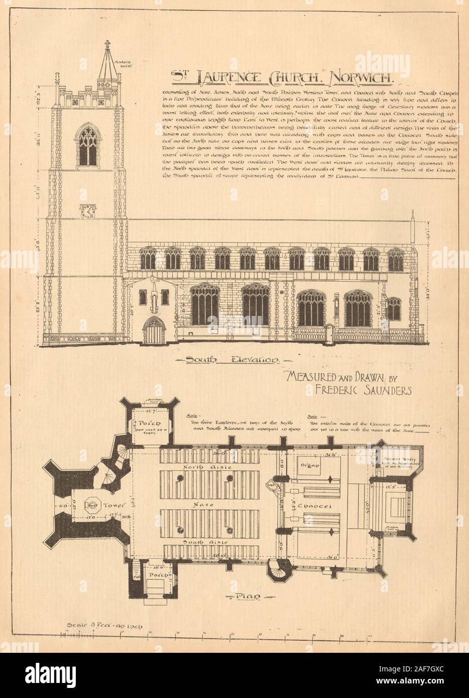 San Lorenzo Chiesa di Norwich. Disegnata da Frederic Saunders. Piano 1904 antica stampa Foto Stock