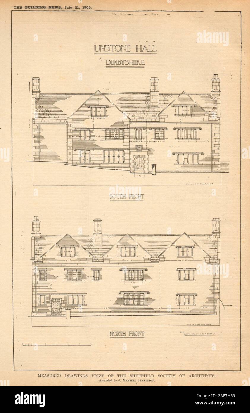Unstone Hall, Derbyshire, sud e nord anteriore da J. Mansell Jenkinson 1905 Foto Stock